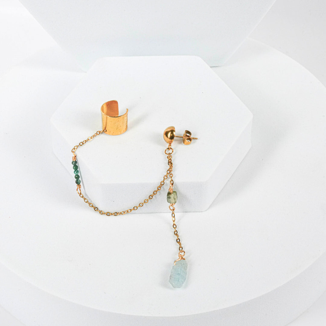 NAM020 Mono orecchino in acciaio chirurgico dorato con avventurina, quarzo e acqua marina