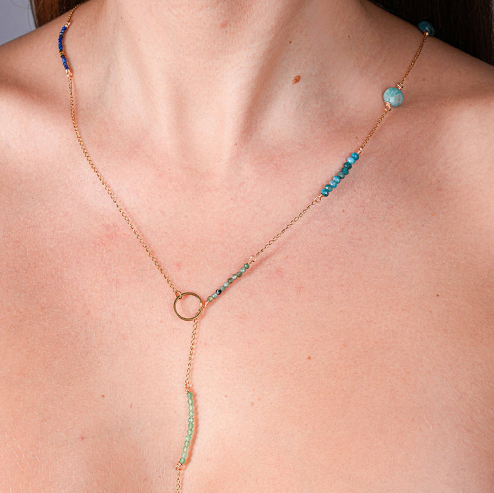 NAM023 Collana in acciaio chirurgico dorato con avventurine, amazzonite e cristallo di rocca