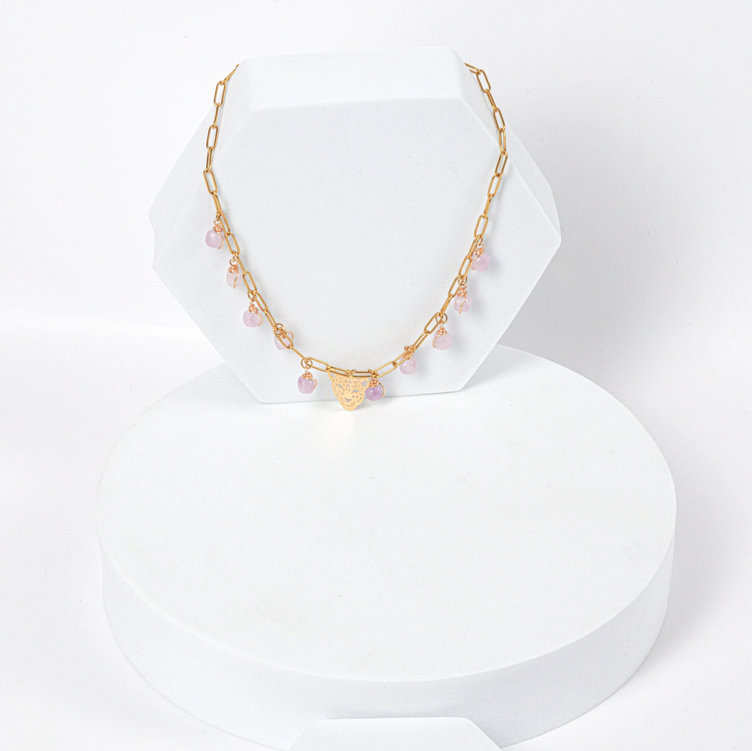 NAM008 Collana in acciaio chirurgico dorato con pendenti ametista e ciondolo giaguaro