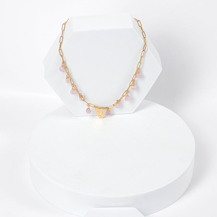 NAM008 Collana in acciaio chirurgico dorato con pendenti ametista e ciondolo giaguaro