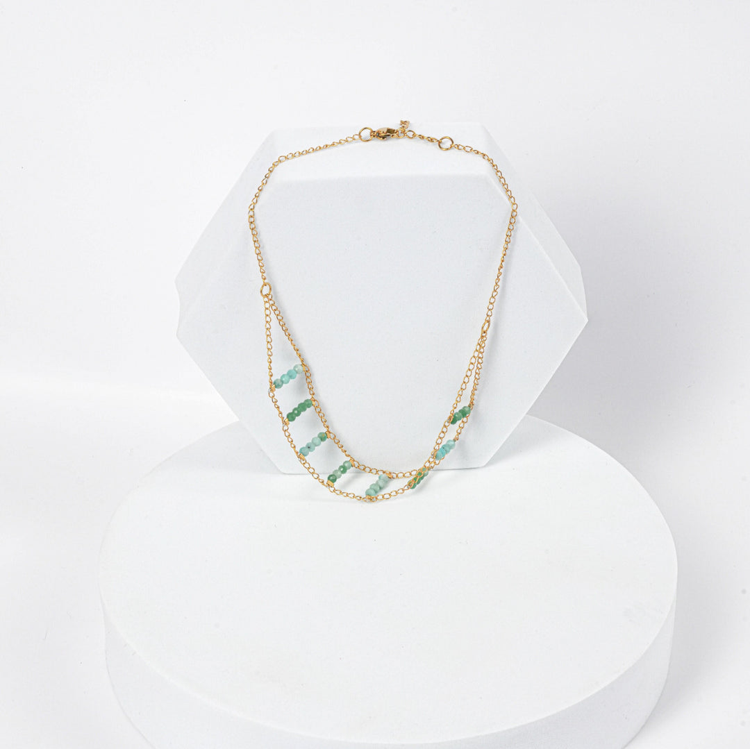 NAM005 Collana choker in acciaio chirurgico dorato con avventurina e amazzonite