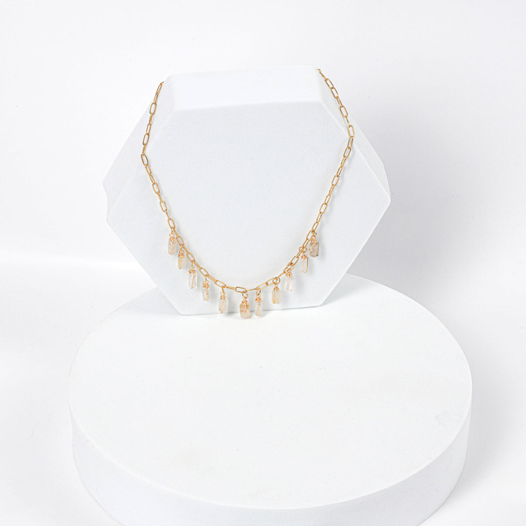 NAM001 Collana in acciaio chirurgico dorato con pendenti in quarzo rutilato