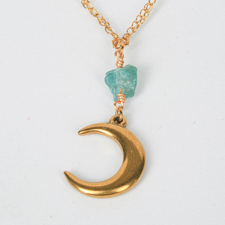 NAM013 Collana in acciaio chirurgico dorato con pendente luna e acqua marina