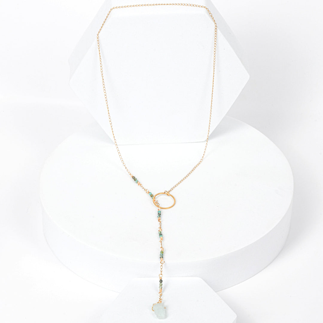 NAM024 Collana in acciaio chirurgico dorato con avventurine e acqua marina