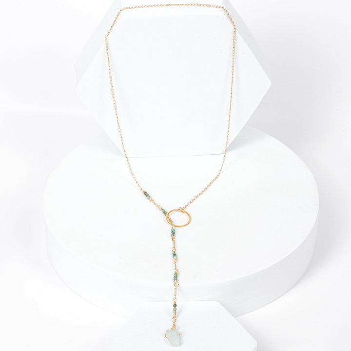 NAM024 Collana in acciaio chirurgico dorato con avventurine e acqua marina