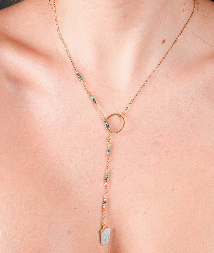 NAM024 Collana in acciaio chirurgico dorato con avventurine e acqua marina