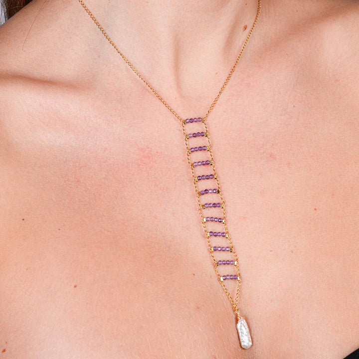 NAM012 Collana in acciaio chirurgico dorato ametista e perla