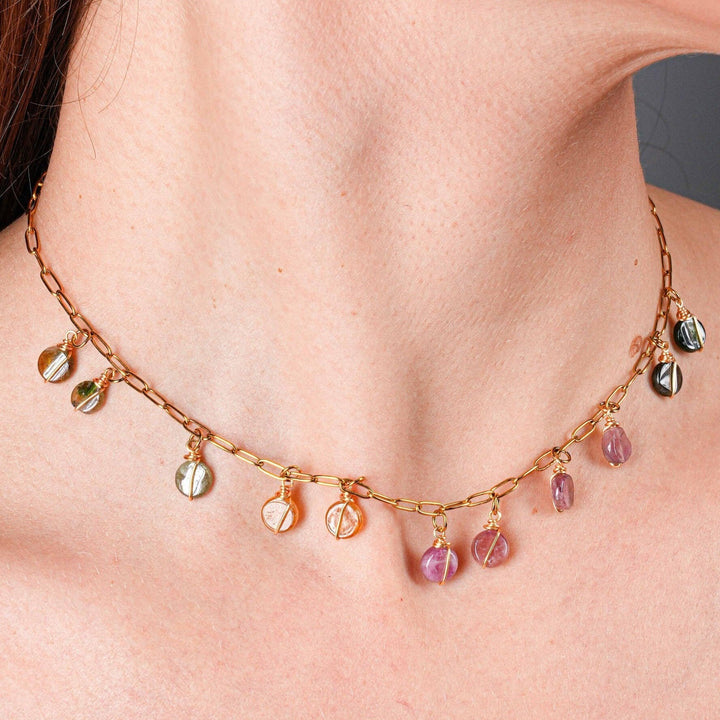 NAM003 Collana in acciaio chirurgico dorato con tormaline watermelon