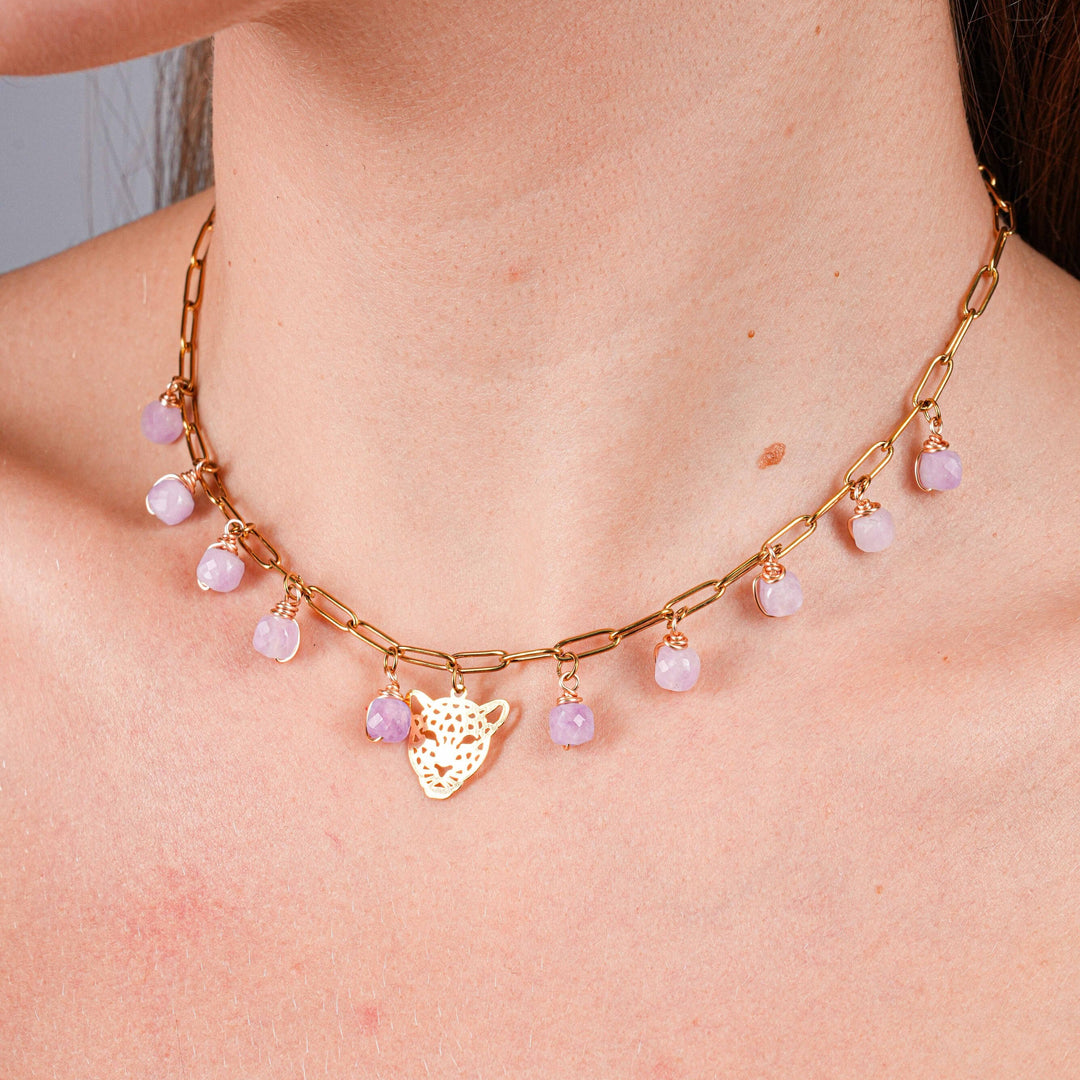 NAM008 Collana in acciaio chirurgico dorato con pendenti ametista e ciondolo giaguaro