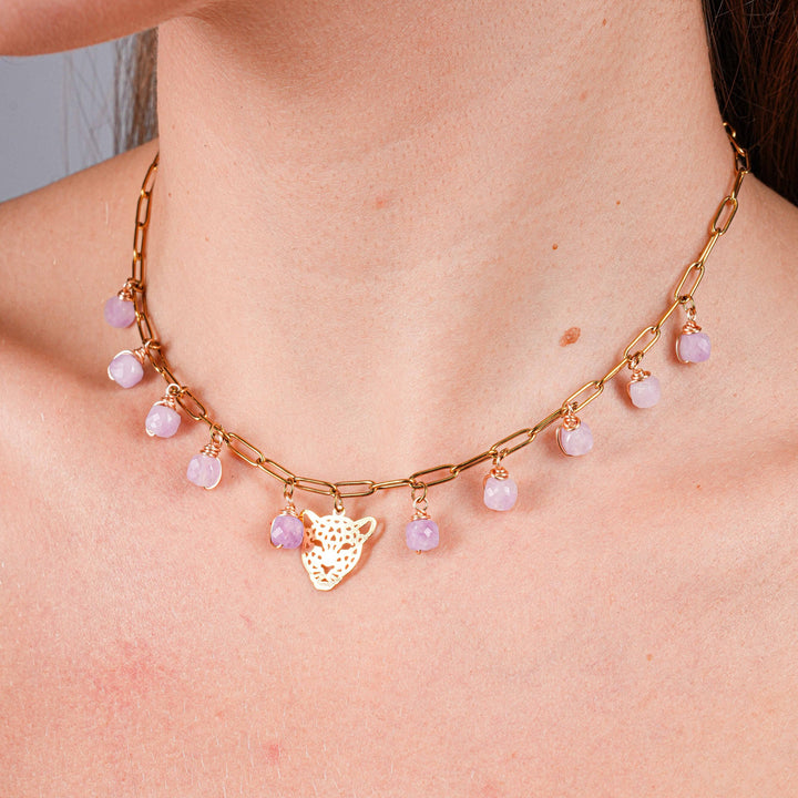 NAM008 Collana in acciaio chirurgico dorato con pendenti ametista e ciondolo giaguaro