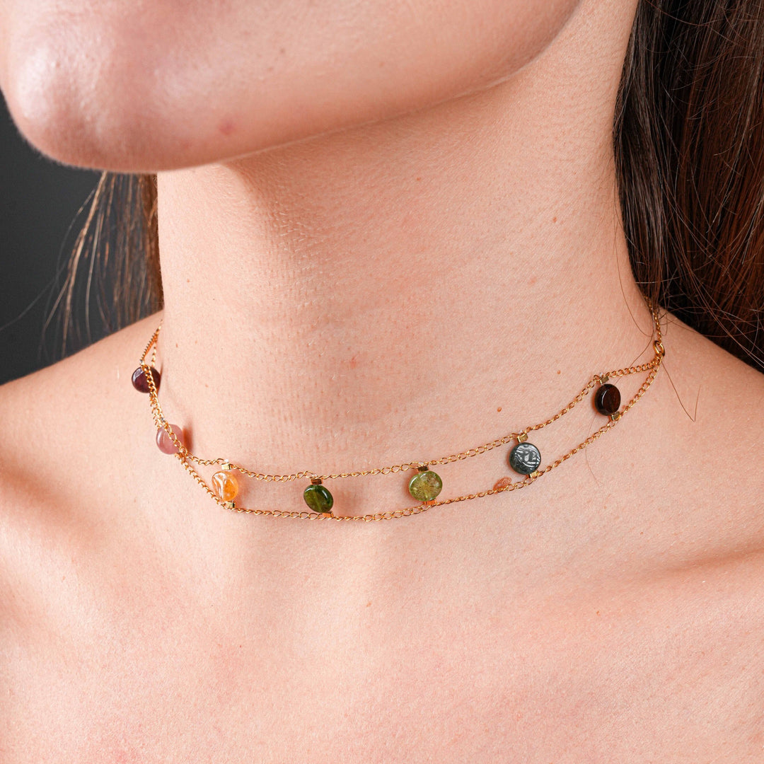 NAM007 Collana choker in acciaio chirurgico dorato con tormaline watermelon