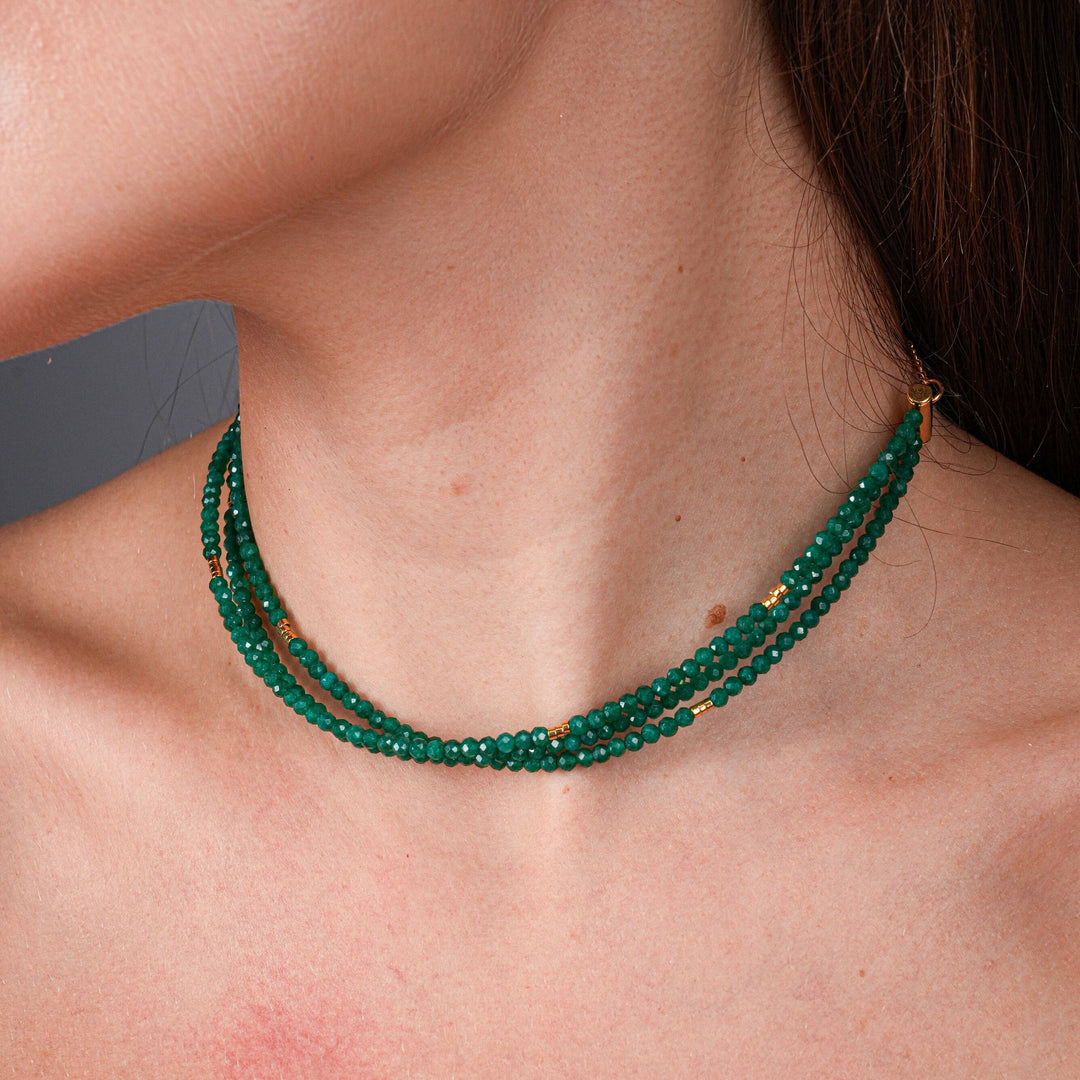 NAM004 Collana choker in acciaio chirurgico dorato triple onice verde