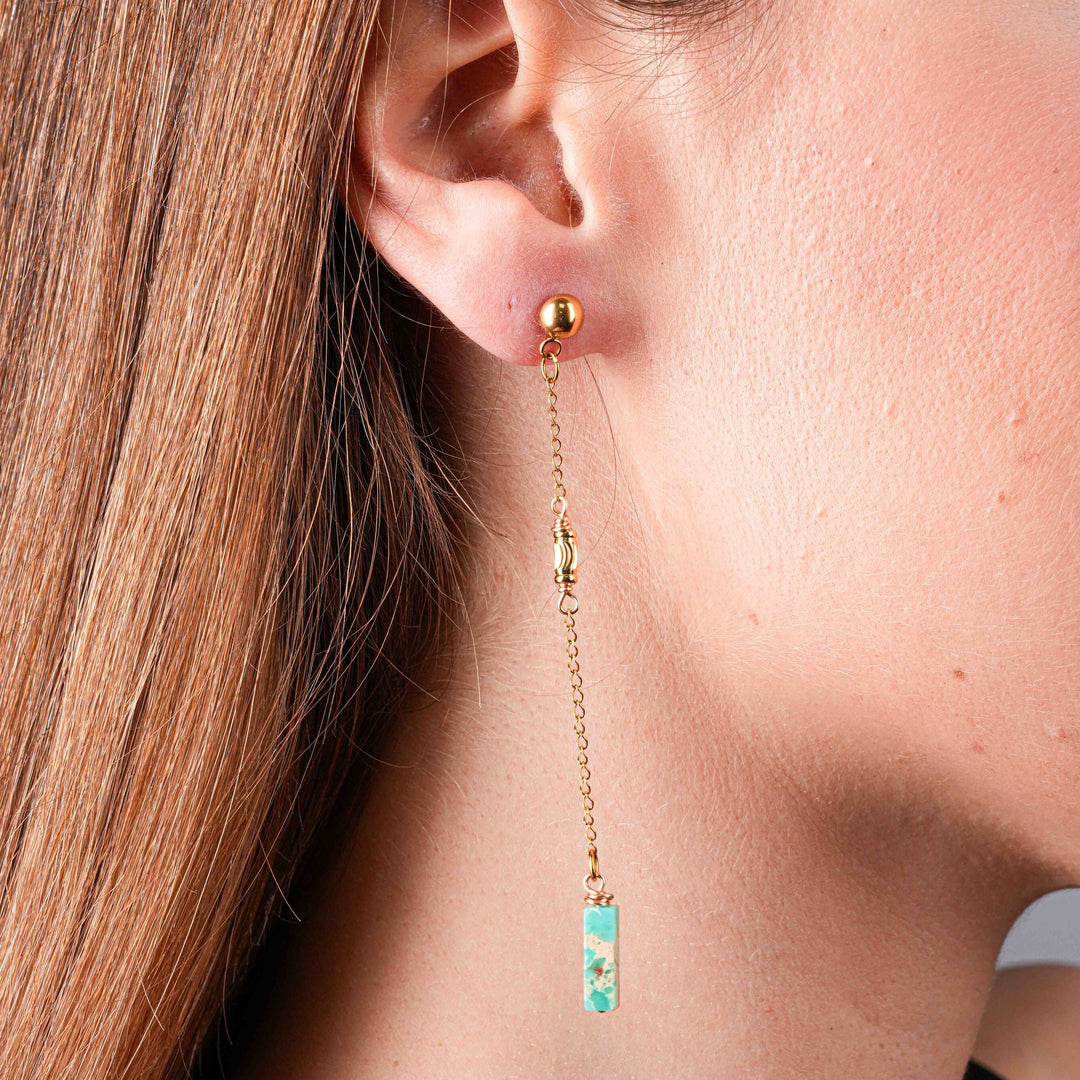 NAM018 Orecchino in acciaio chirurgico dorato con pendente pesce e turchese