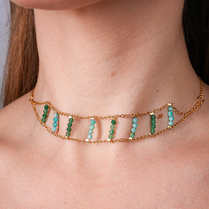 NAM005 Collana choker in acciaio chirurgico dorato con avventurina e amazzonite